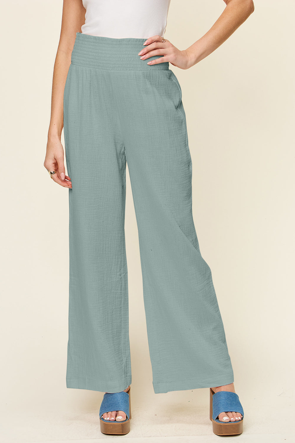 Double Take Full Size Texture Smocked Waist Wide Leg Pants Double Take Full Size Texture Smocked Waist Wide Leg Pants
