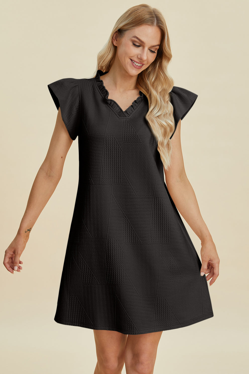 Double Take Full Size Ruffled V-Neck Cap Sleeve Dress Double Take Full Size Ruffled V-Neck Cap Sleeve Dress