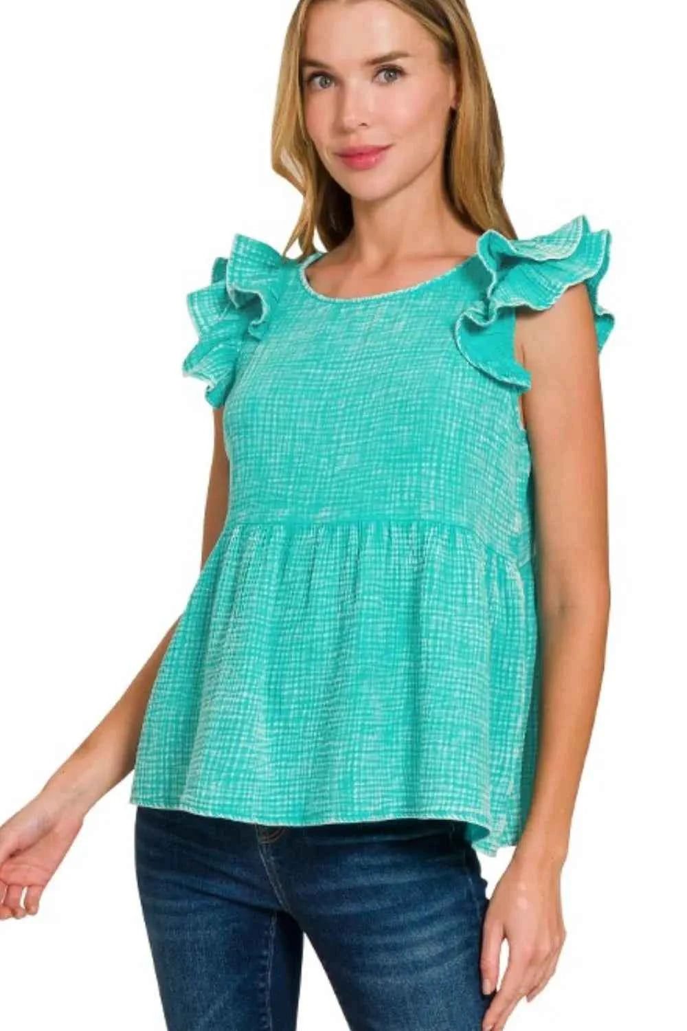 Zenana Double Gauze Acid Washed Tiered Ruffle Peplum Top Zenana Double Gauze Acid Washed Tiered Ruffle Peplum Top