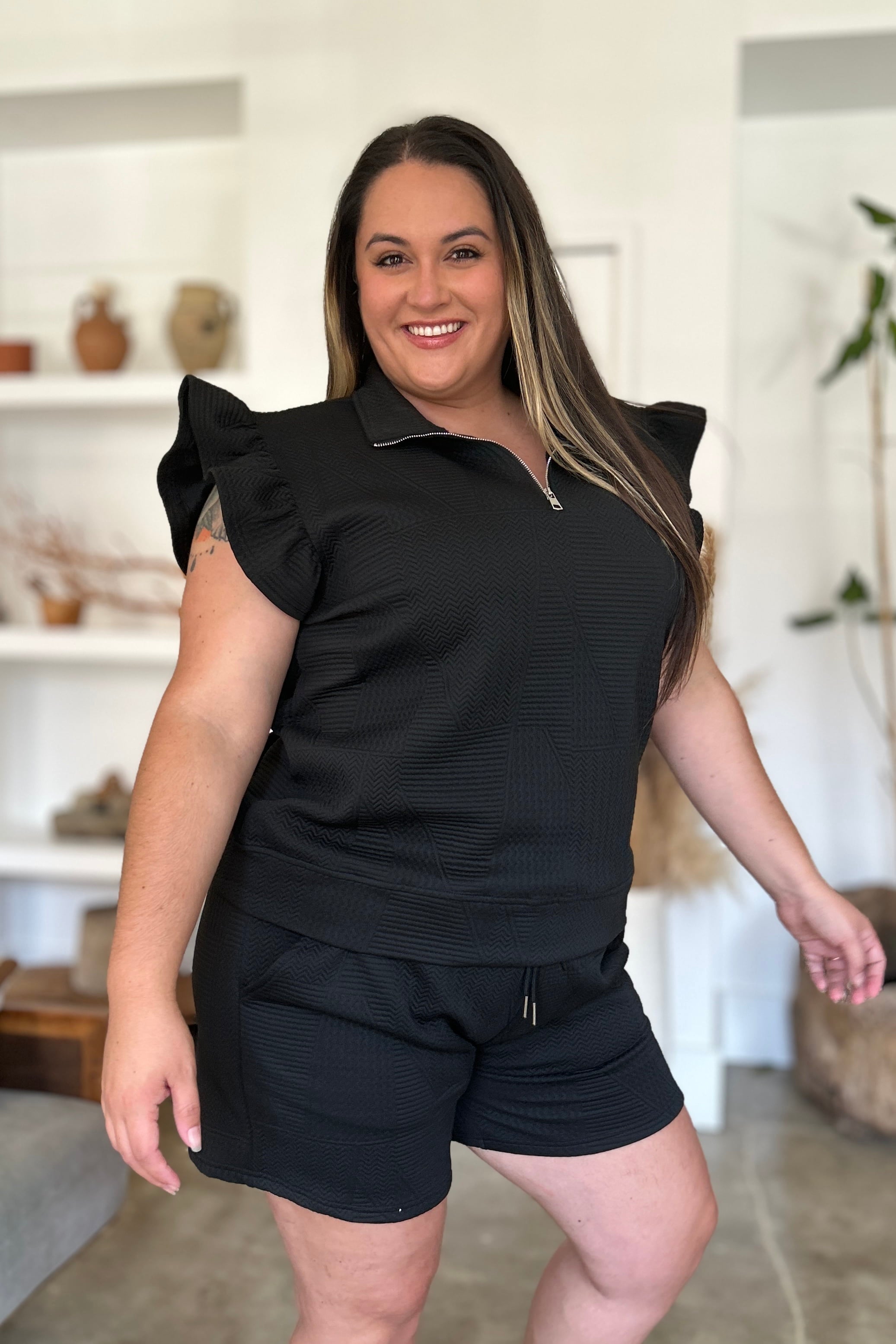 Double Take Full Size Texture Flounce Sleeve Top and Shorts Set Double Take Full Size Texture Flounce Sleeve Top and Shorts Set