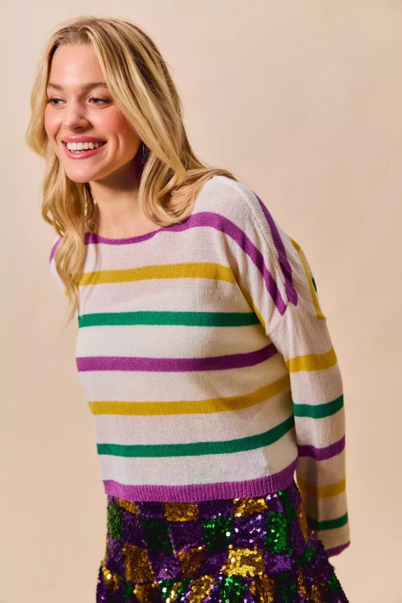 SO ME Mardi Gras Color Stripe Lightweight Sweater Top 048be44e478543cd9478231101a8ce77-Max-Origin