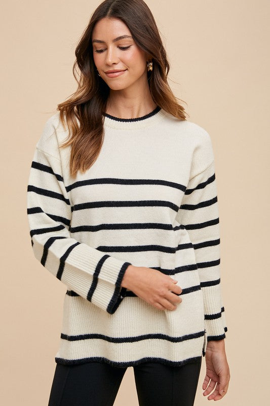 Annie Wear Side Slit Striped Round Neck Sweater Annie Wear Side Slit Striped Round Neck Sweater