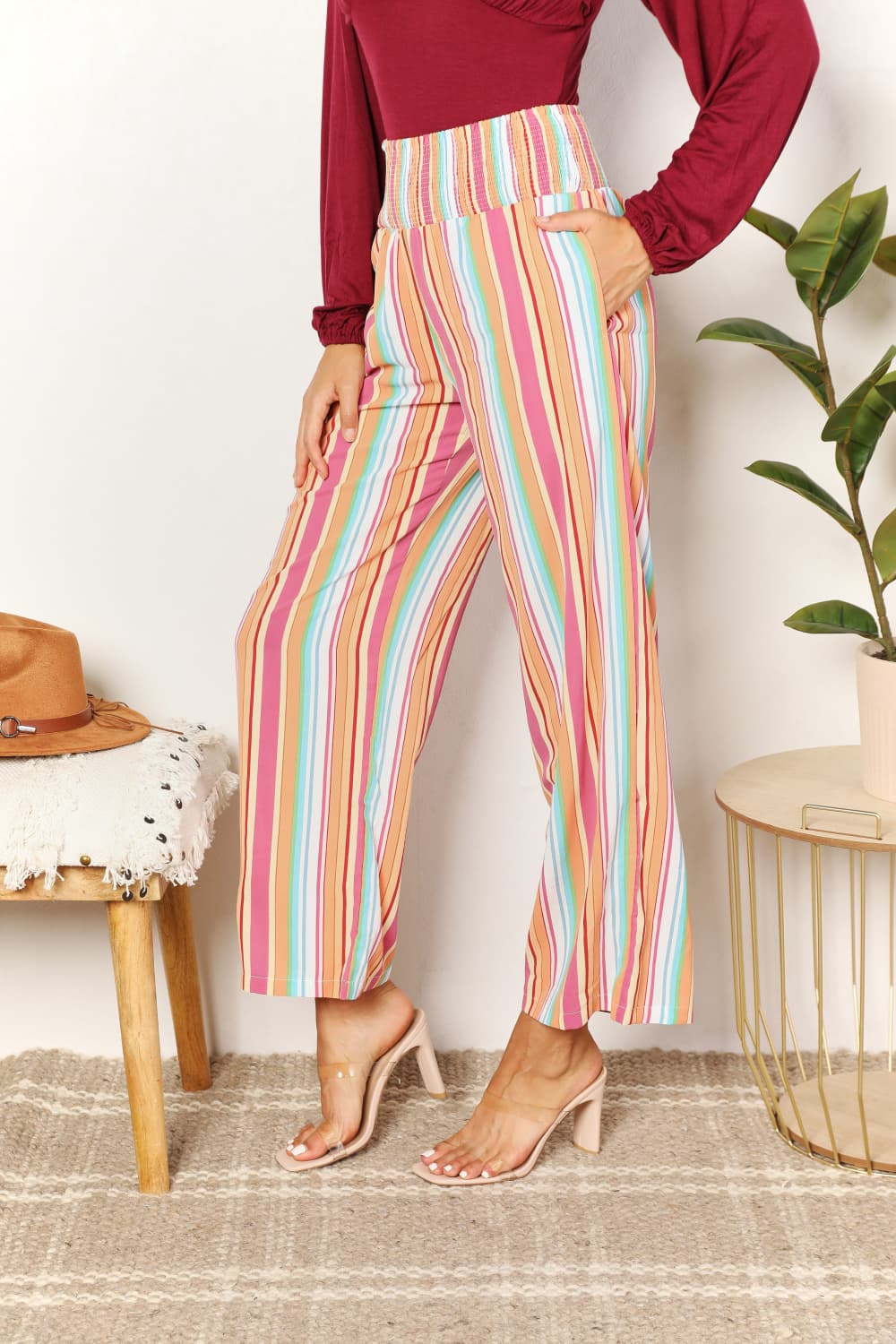 Double Take Striped Smocked Waist Pants with Pockets Double Take Striped Smocked Waist Pants with Pockets - TopFashionHQ