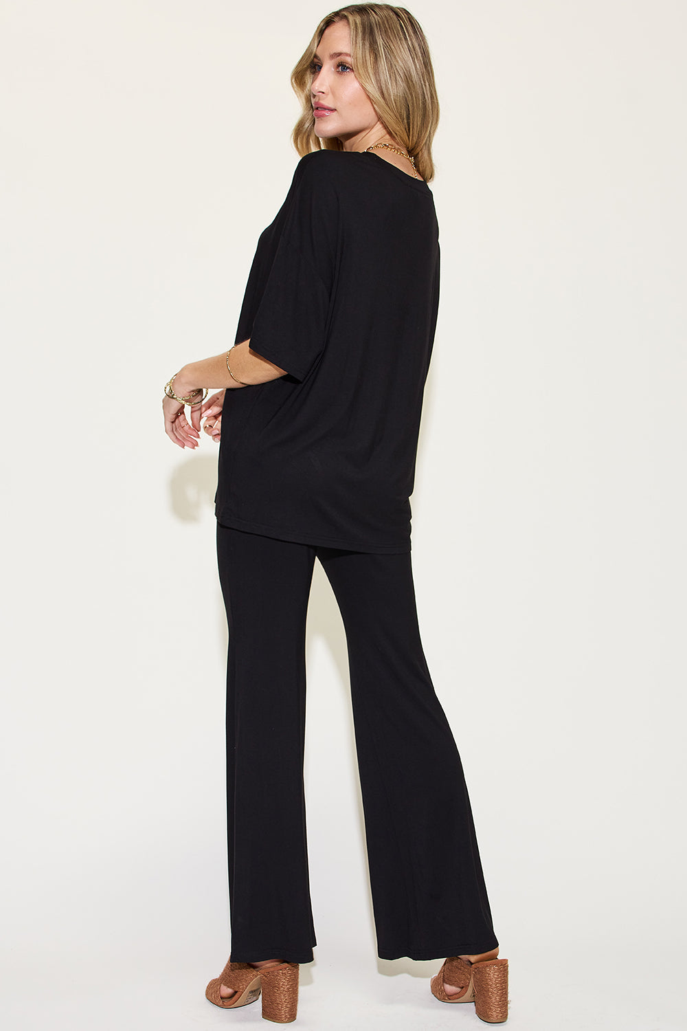 Basic Bae Full Size Bamboo Drop Shoulder T-Shirt and Flare Pants Set Basic Bae Full Size Bamboo Drop Shoulder T-Shirt and Flare Pants Set