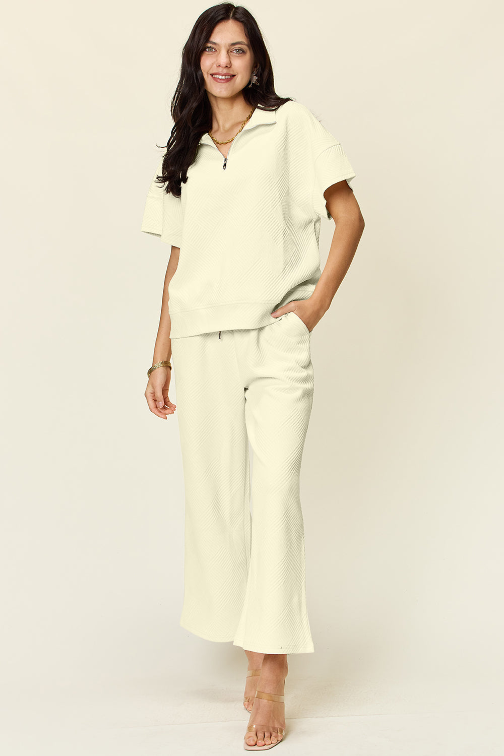 Double Take Full Size Texture Half Zip Short Sleeve Top and Pants Set Double Take Full Size Texture Half Zip Short Sleeve Top and Pants Set