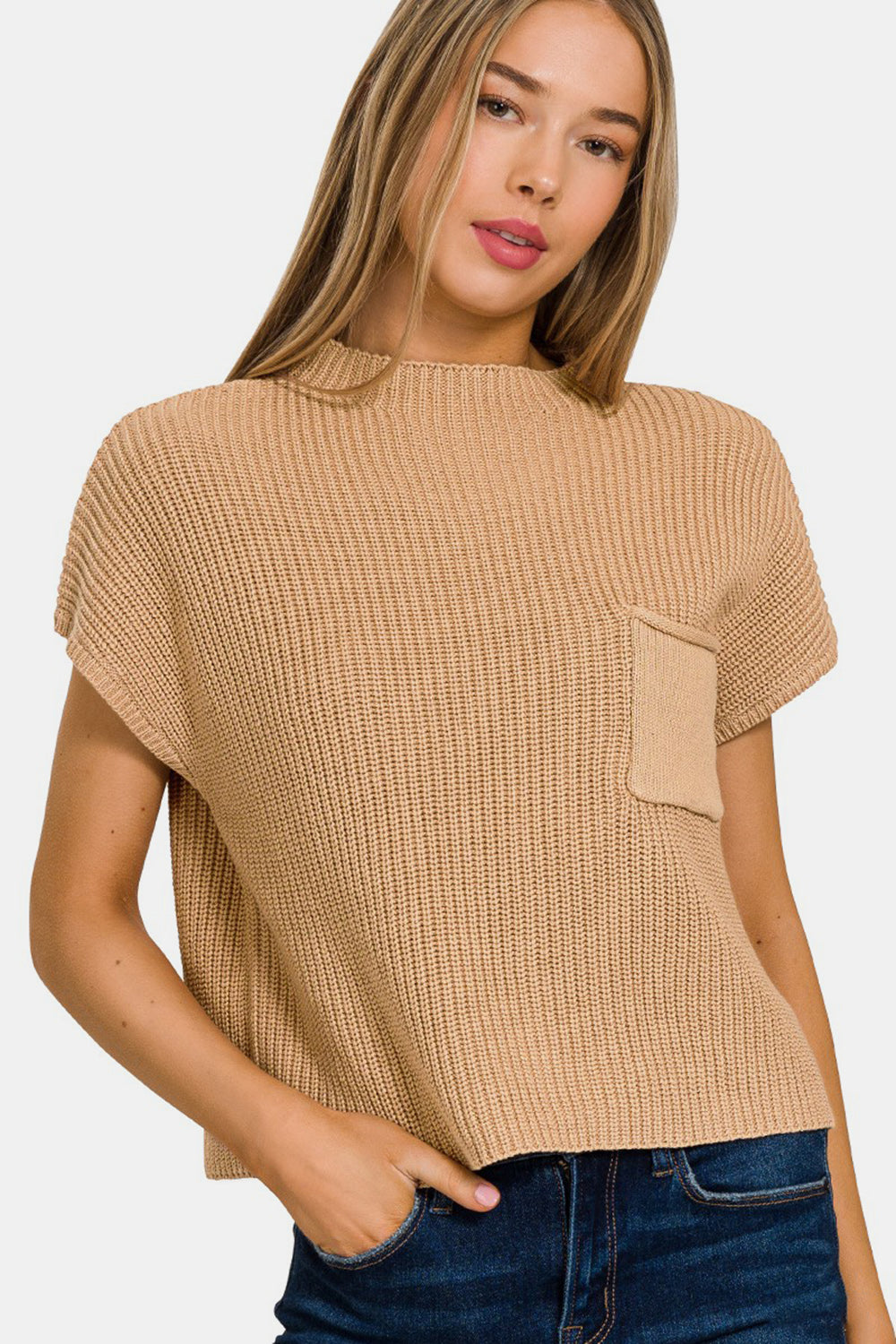 Zenana Mock Neck Short Sleeve Cropped Sweater Zenana Mock Neck Short Sleeve Cropped Sweater - TopFashionHQ