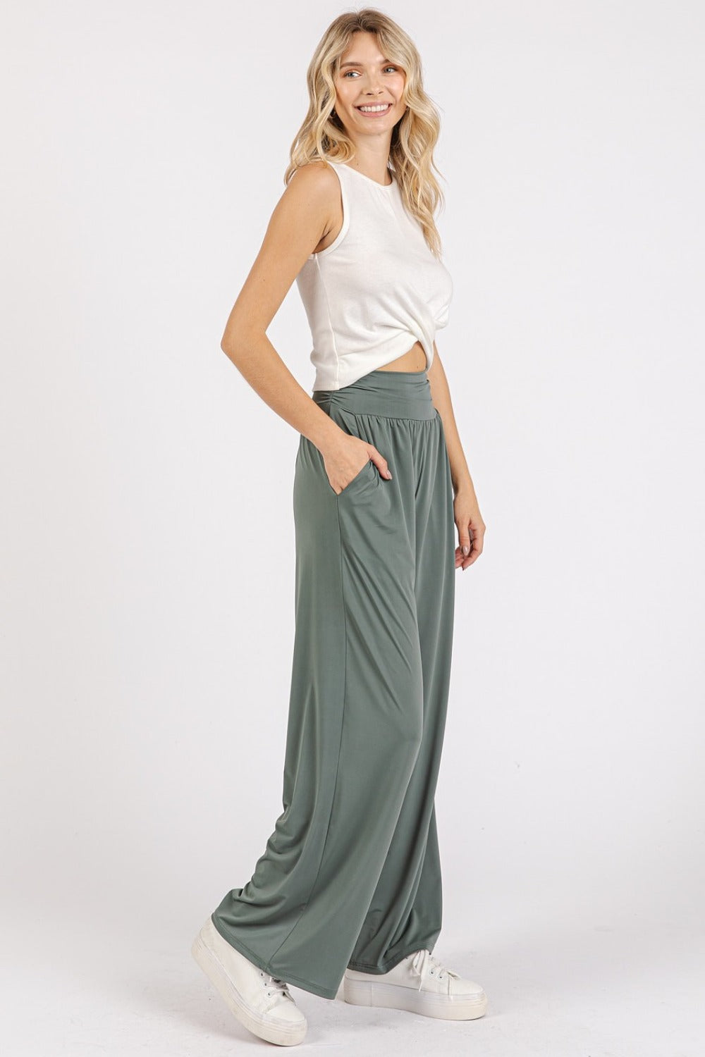 Mittoshop Stretch Banded Waist Wide Leg Pants with Pockets Mittoshop Stretch Banded Waist Wide Leg Pants with Pockets