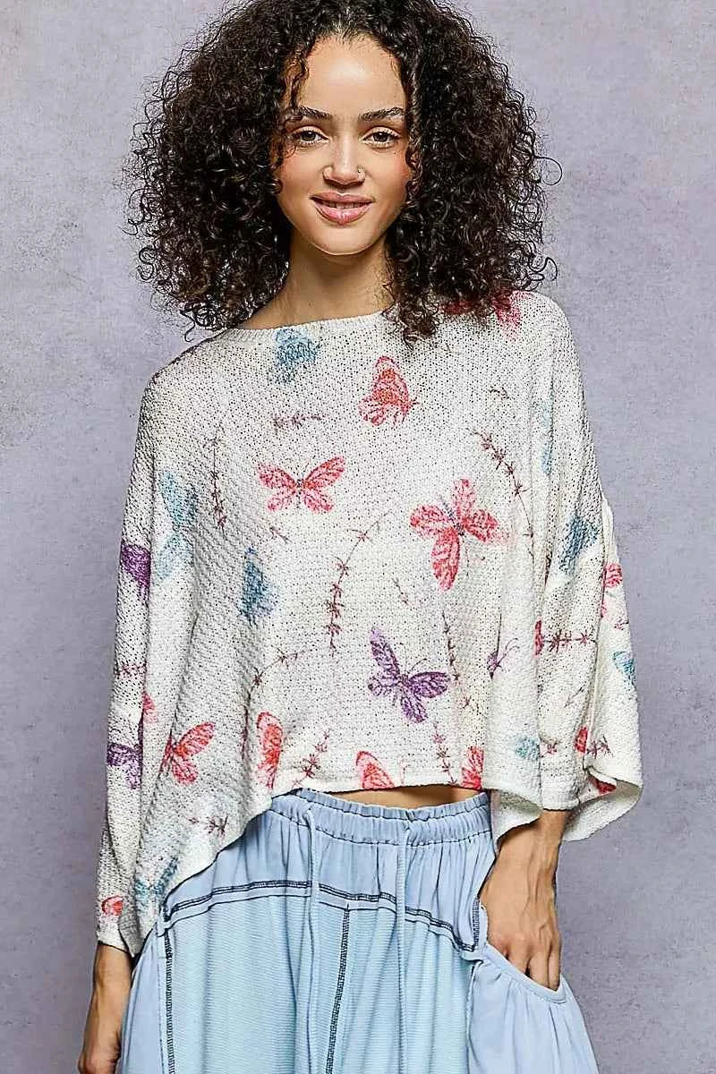 POL Butterflies Pattern Round Neck knit Top with Outseam Rolling Edge POL Butterflies Pattern Round Neck knit Top with Outseam Rolling Edge
