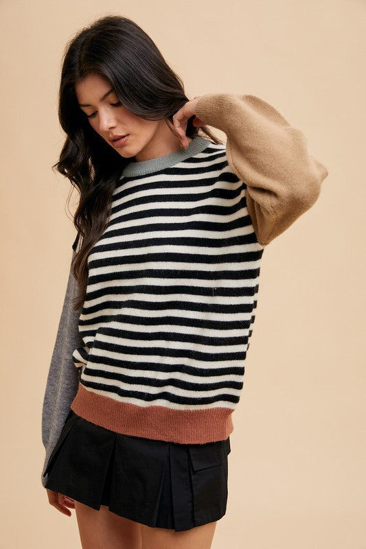 Annie Wear Striped Color Block Round Neck Sweater Annie Wear Striped Color Block Round Neck Sweater