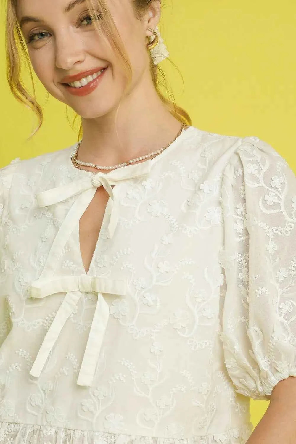 Umgee Embroidered Tie Front Peplum Blouse Umgee Embroidered Tie Front Peplum Blouse