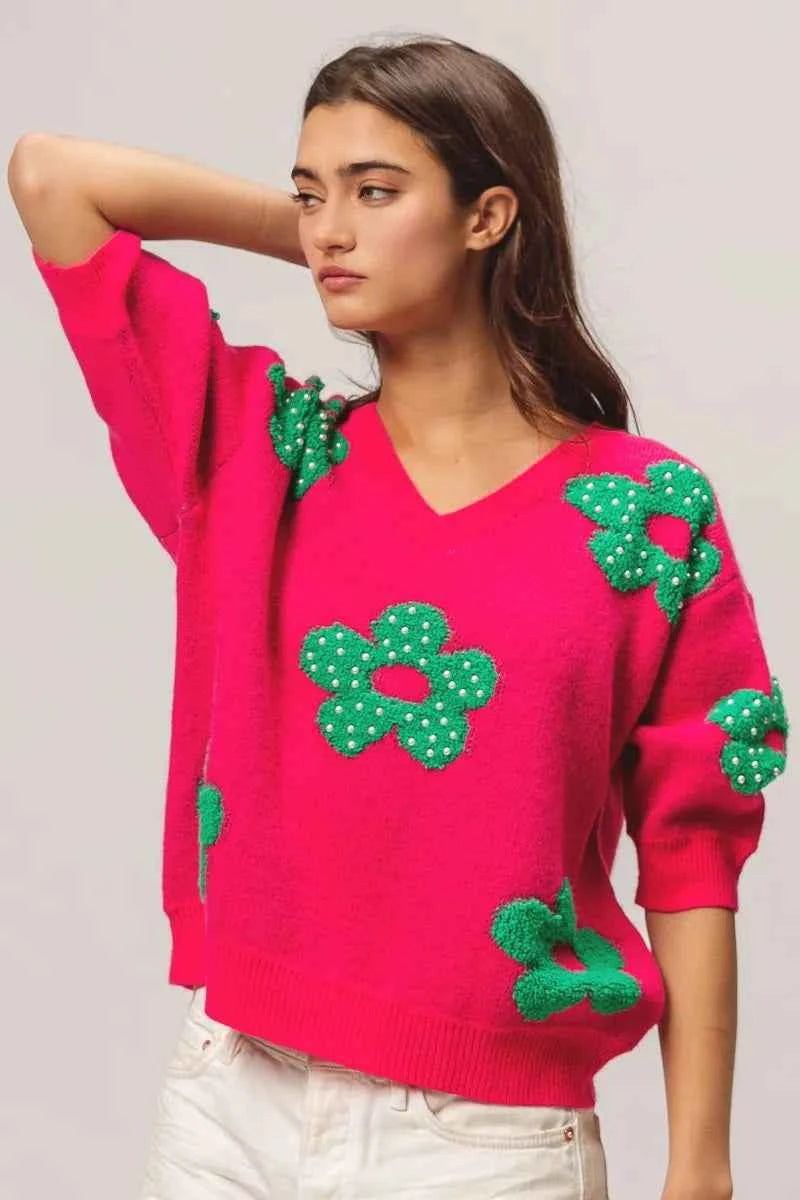 BiBi Pearl Beads Flowers Sweater Top BiBi Pearl Beads Flowers Sweater Top
