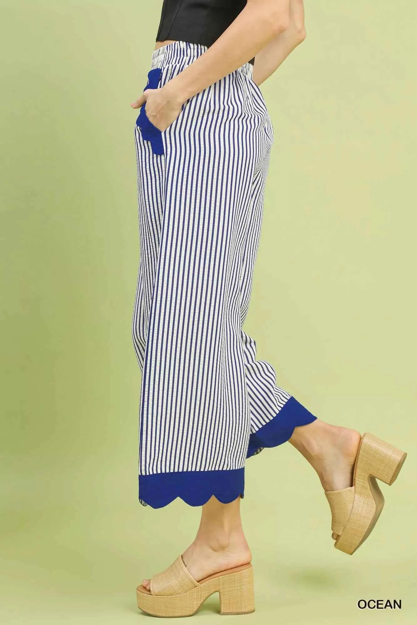 Umgee Stripe Scallop Hem Wide Leg Pants Umgee Stripe Scallop Hem Wide Leg Pants