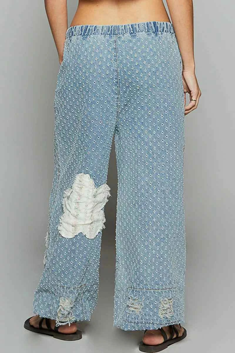 POL Floral Patch Washed Textured Twill Pants with Crochet See Thru Patch POL Floral Patch Washed Textured Twill Pants with Crochet See Thru Patch