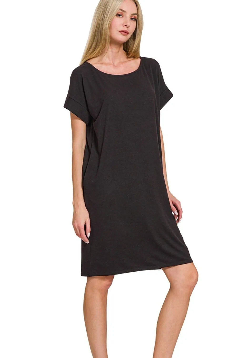 Zenana Rolled Short Sleeve Round Neck Dress 0588627f-36a5-424e-a034-75bae9b23b19-Max-Origin