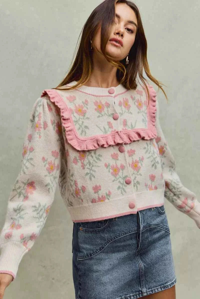 SO ME Flower With Ruffle Detailing Sweater Cardigan SO ME Flower With Ruffle Detailing Sweater Cardigan
