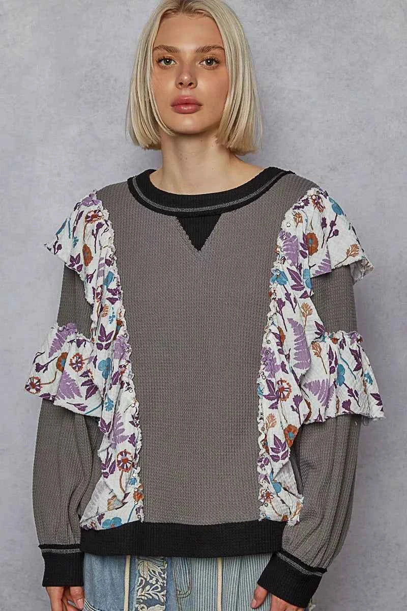 POL Round Neck Sweater with Floral Ruffle Detail POL Round Neck Sweater with Floral Ruffle Detail
