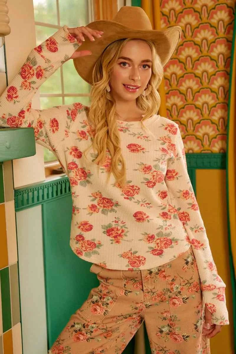 BiBi Floral Print Washed Waffle Thermal Top With Thumb BiBi Floral Print Washed Waffle Thermal Top With Thumb