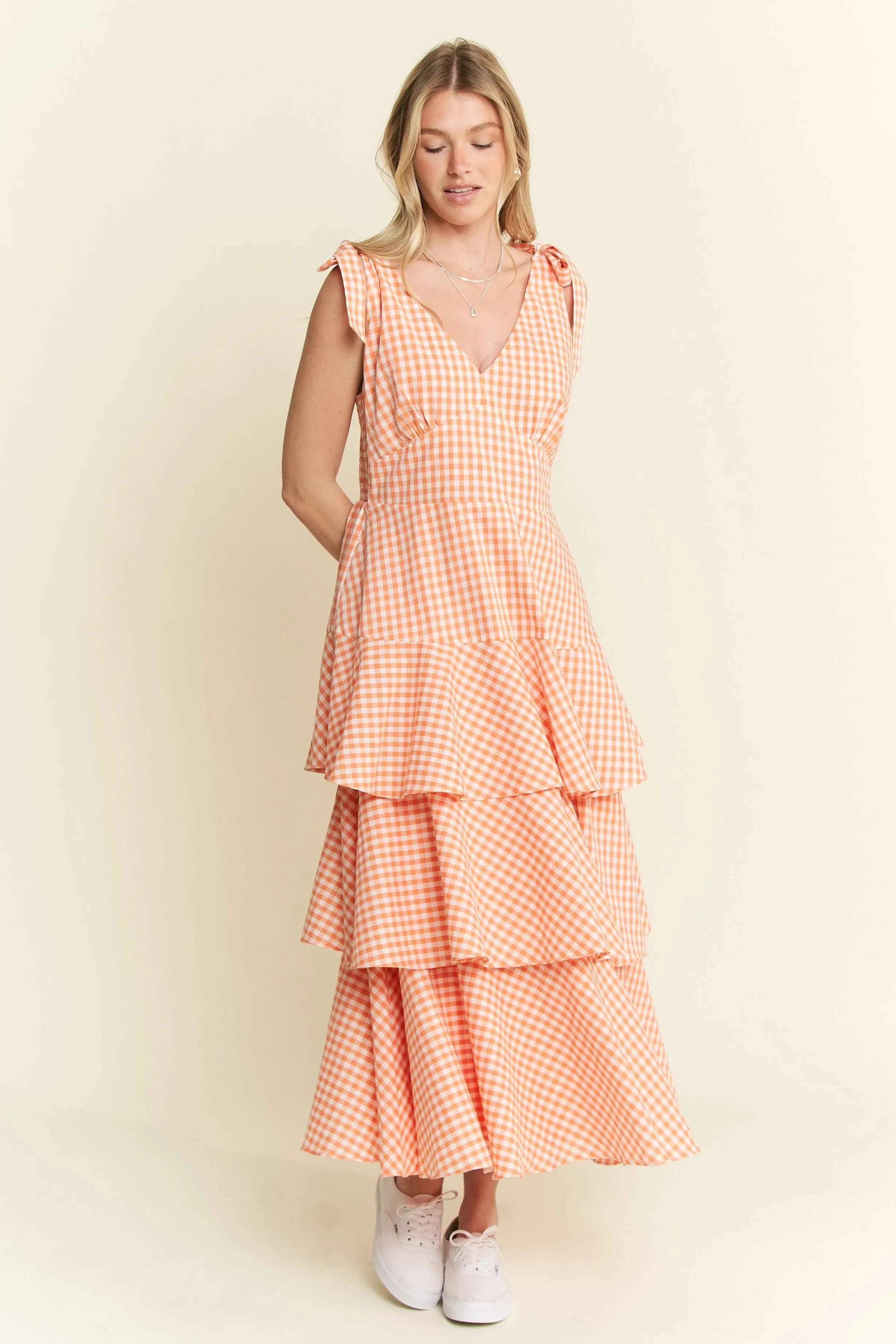 Jade By Jane Sleeveless Gingham Print Tiered Midi Dress Jade By Jane Sleeveless Gingham Print Tiered Midi Dress