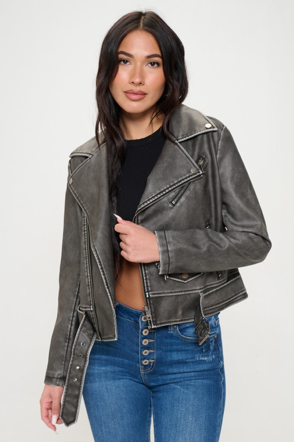 Coalition LA Zip Up Biker Jacket with Belt Coalition LA Zip Up Biker Jacket with Belt - TopFashionHQ