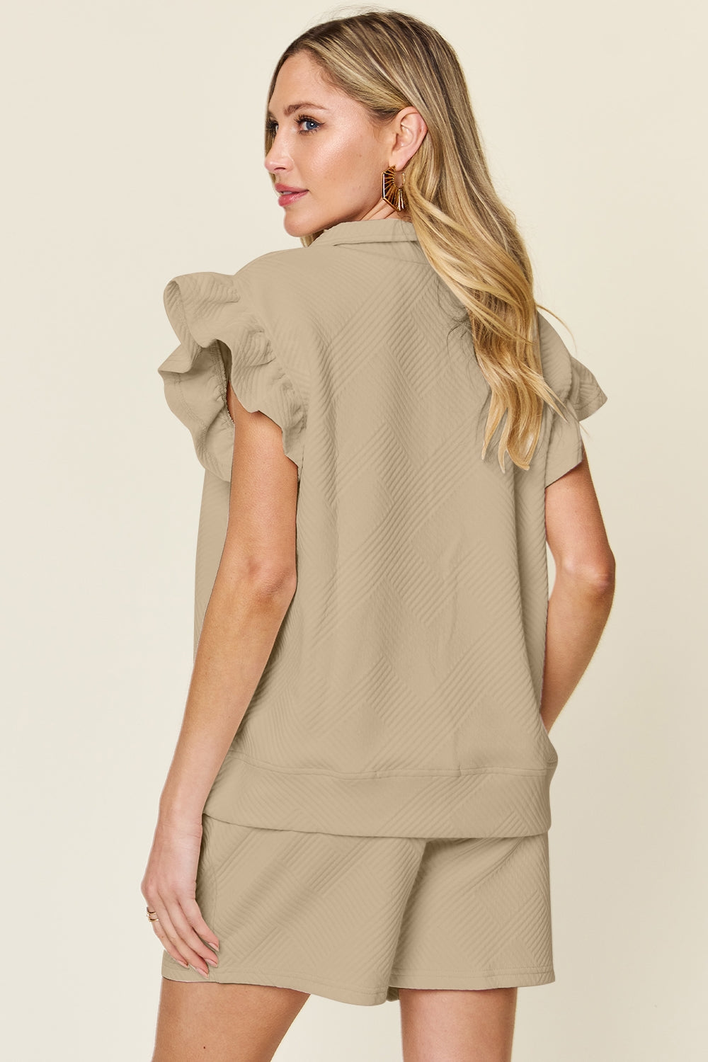Double Take Full Size Texture Flounce Sleeve Top and Drawstring Shorts Set Double Take Full Size Texture Flounce Sleeve Top and Drawstring Shorts Set