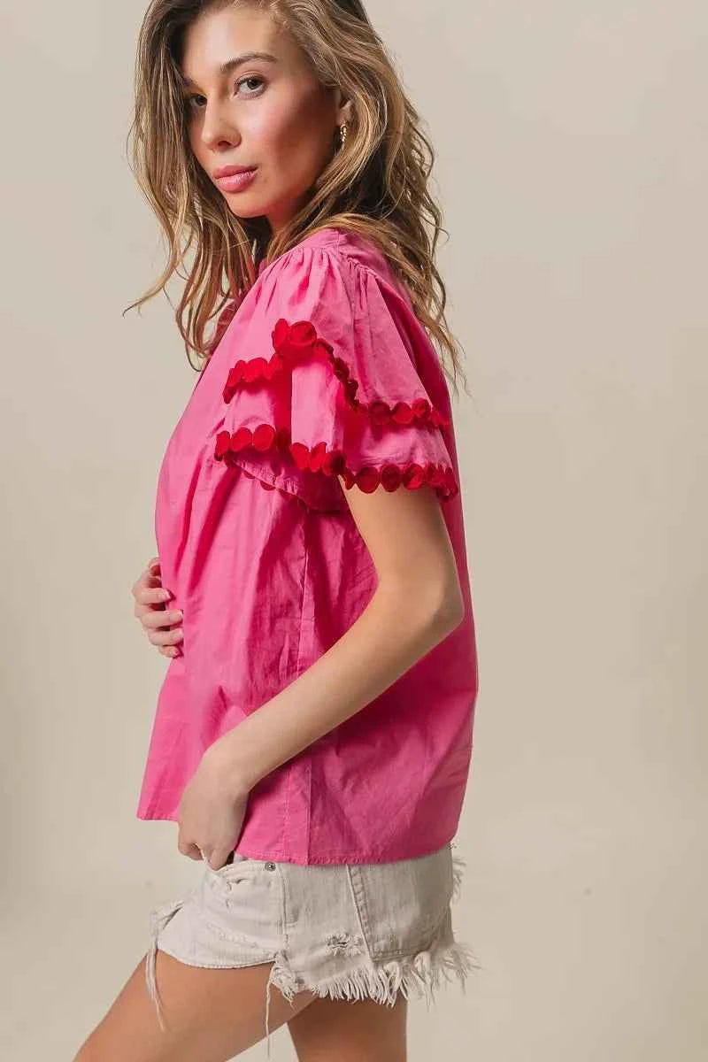 BiBi Dot Trim Flutter Sleeve Notched Top BiBi Dot Trim Flutter Sleeve Notched Top