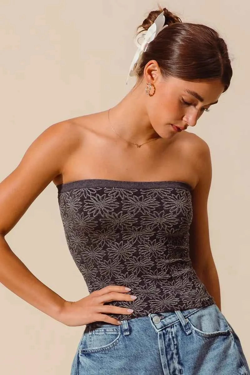 SO ME Jacquard Floral Two Tone Seamless Tube Top SO ME Jacquard Floral Two Tone Seamless Tube Top