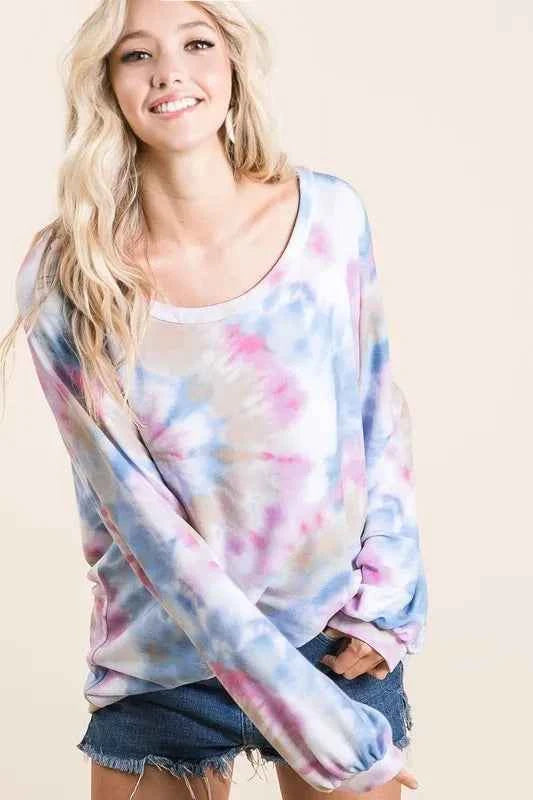 BiBi Tie Dye Print Terry Top With Puff Sleeves BiBi Tie Dye Print Terry Top With Puff Sleeves