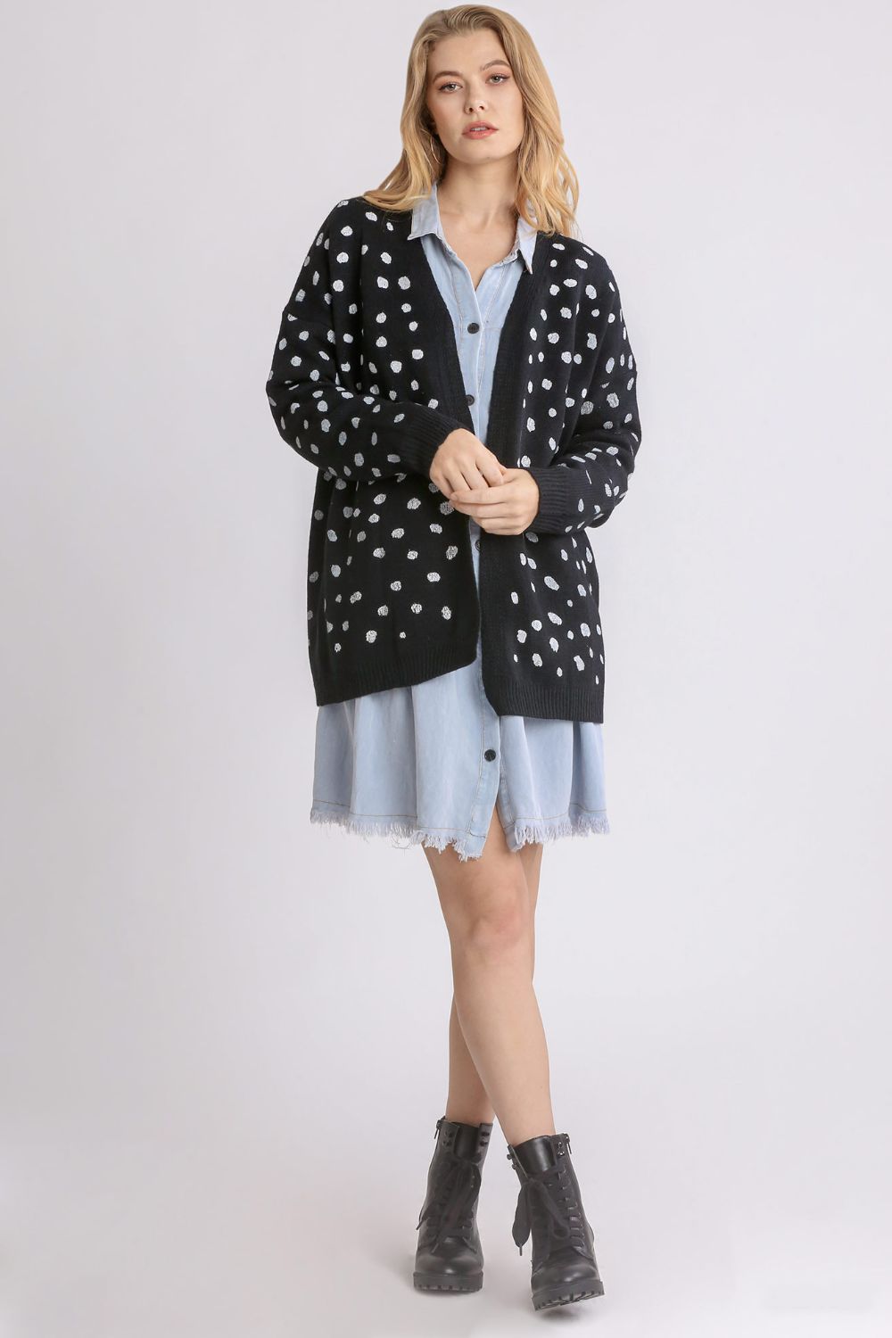 Umgee Polka Dot Open Front Drop Shoulder Cardigan Umgee Polka Dot Open Front Drop Shoulder Cardigan - TopFashionHQ