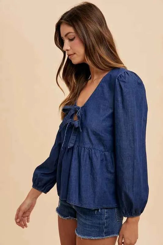Annie Wear Tie Front Peplum Long Sleeve Denim Top Annie Wear Tie Front Peplum Long Sleeve Denim Top