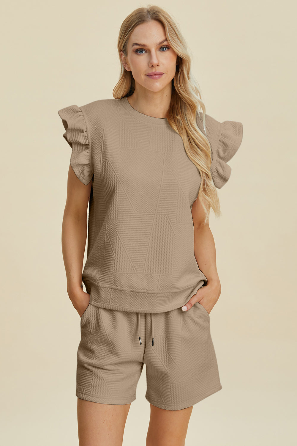 Double Take Full Size Texture Round Neck Ruffle Sleeve Top and Shorts Set Double Take Full Size Texture Round Neck Ruffle Sleeve Top and Shorts Set