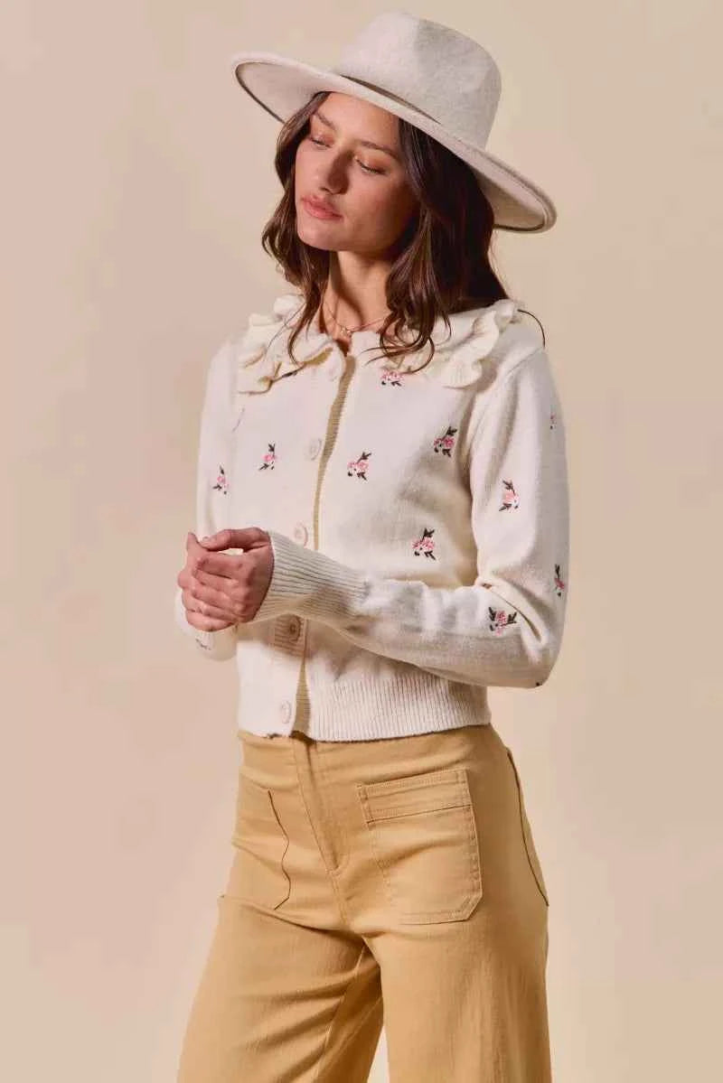 SO ME Collared Floral Embroidered Button Down Sweater Cardigan SO ME Collared Floral Embroidered Button Down Sweater Cardigan