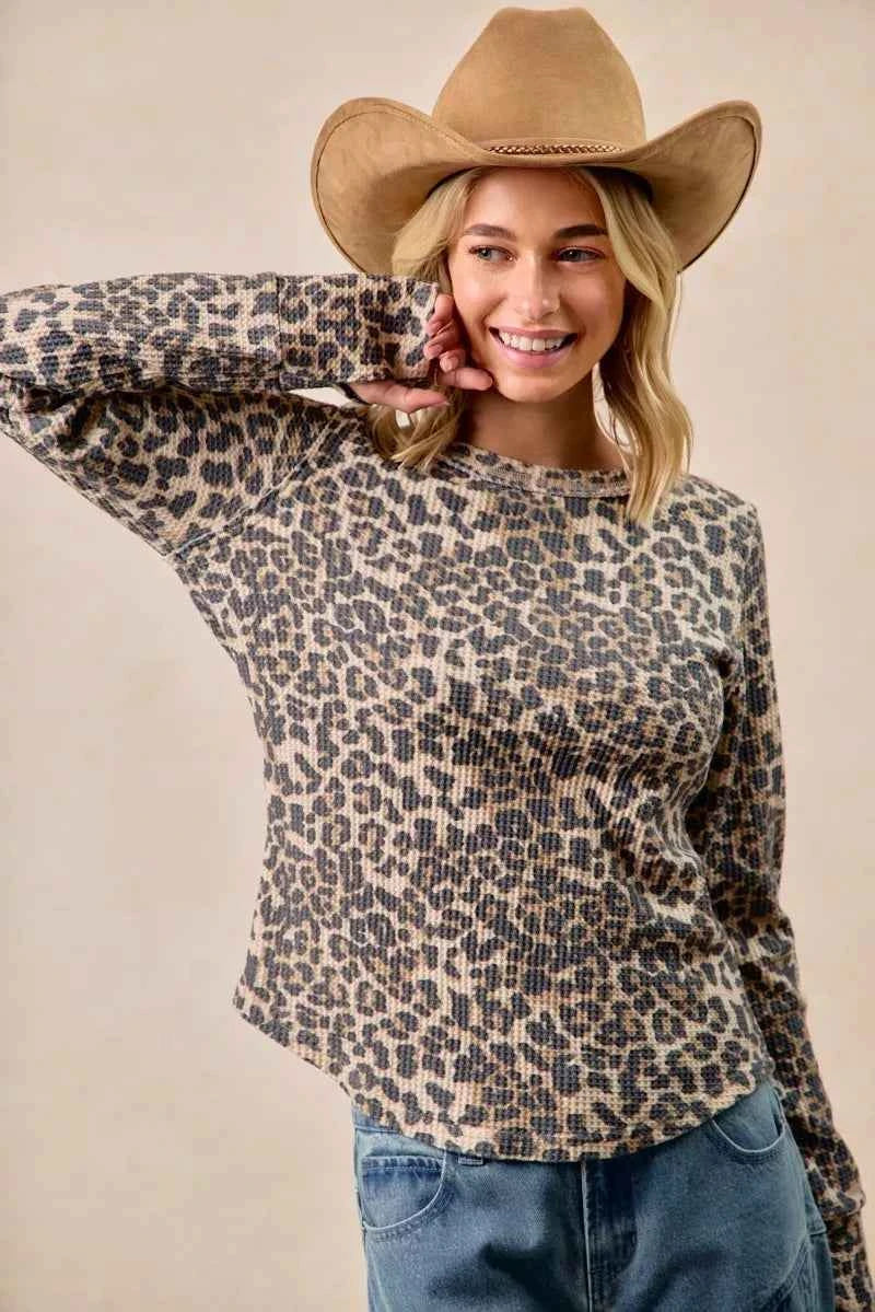 BiBi Leopard Print Washed Waffle Thermal Top with Thumb BiBi Leopard Print Washed Waffle Thermal Top with Thumb