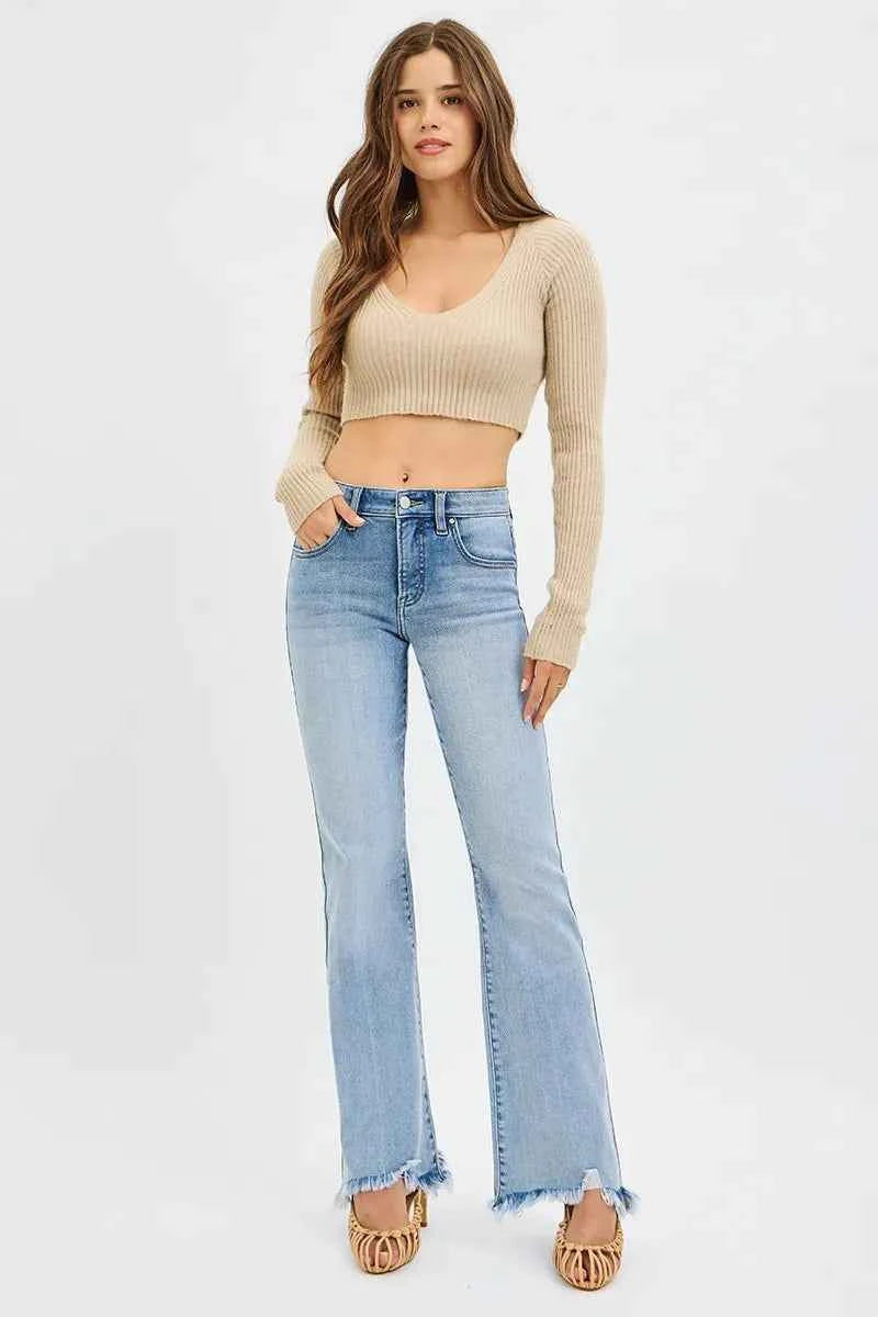 RISEN Full Size Tummy Control Mid Rise Flare Jeans with Fray Hem Detailed Plus Size RISEN Full Size Tummy Control Mid Rise Flare Jeans with Fray Hem Detailed Plus Size