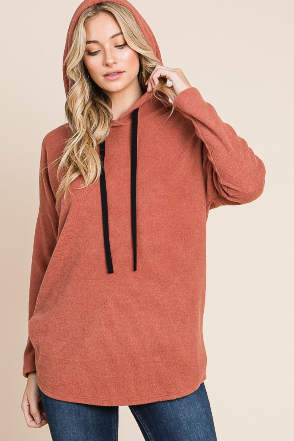 BOMBOM Contrast Drawstring Drop Shoulder Knit Hoodie BOMBOM Contrast Drawstring Drop Shoulder Knit Hoodie