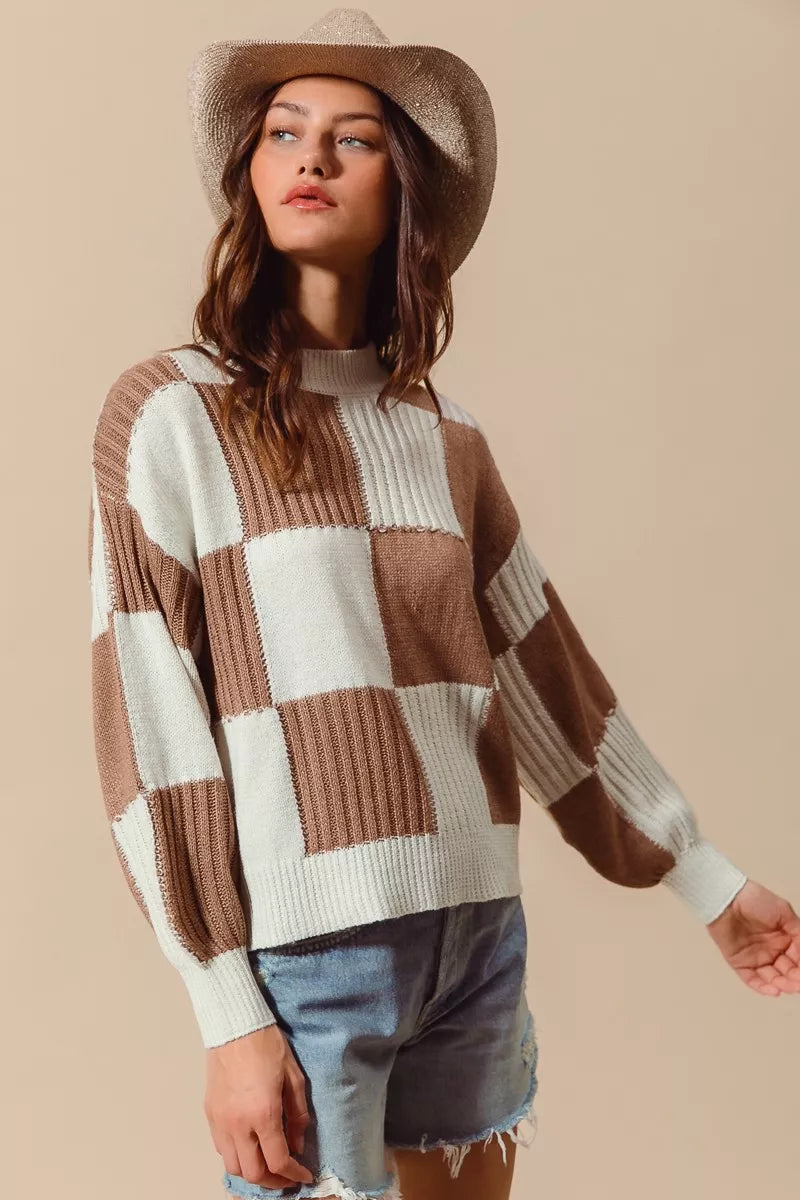 SO ME Ribbed Color Block Checkered Plaid Sweater 071b079ed1524152a8aa0e620c1f6223-Max-Origin