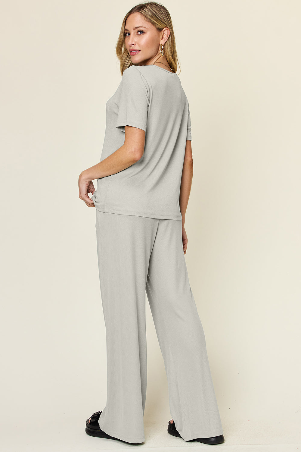 Double Take Full Size Round Neck Short Sleeve T-Shirt and Wide Leg Pants Set Double Take Full Size Round Neck Short Sleeve T-Shirt and Wide Leg Pants Set