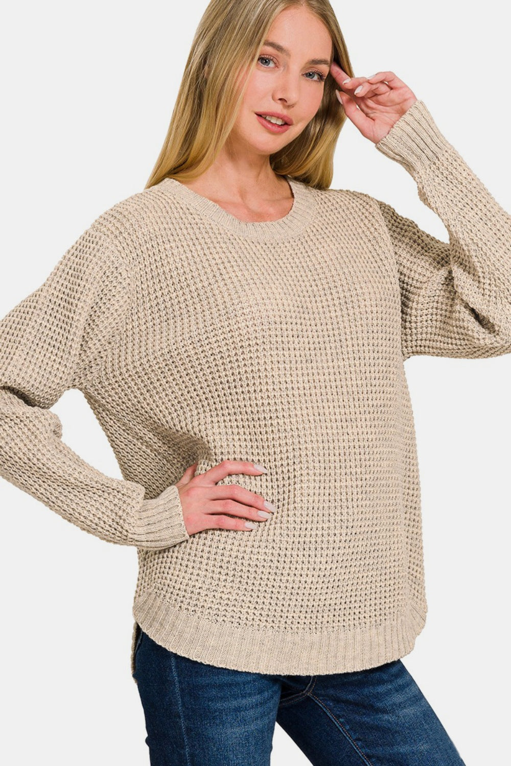 Zenana High Low Long Sleeve Waffle Sweater Zenana High Low Long Sleeve Waffle Sweater - TopFashionHQ