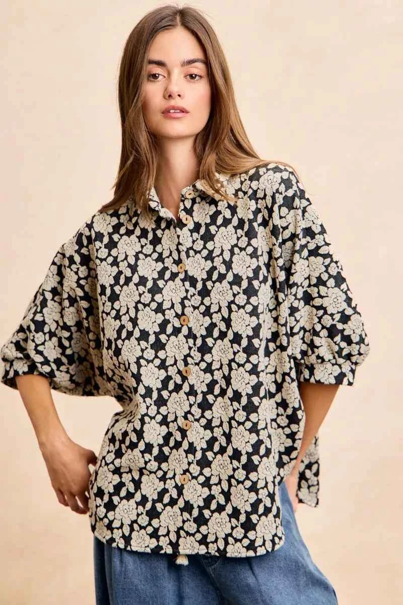 BiBi Floral Jacquard Short Dolman Sleeves Shirt BiBi Floral Jacquard Short Dolman Sleeves Shirt