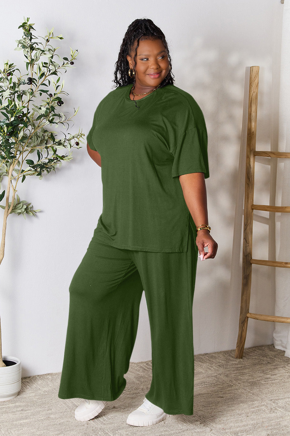 Double Take Full Size Round Neck Slit Top and Pants Set Double Take Full Size Round Neck Slit Top and Pants Set - TopFashionHQ