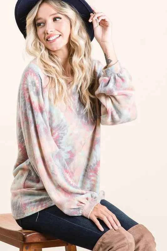 BiBi Brushed Tie Dye Print Top with Puff Sleeves BiBi Brushed Tie Dye Print Top with Puff Sleeves