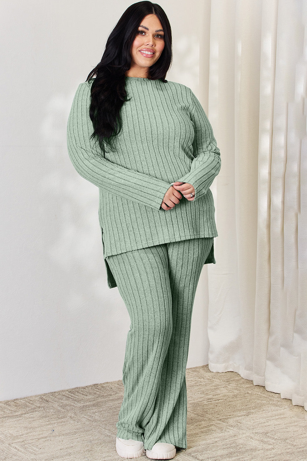 Basic Bae Full Size Ribbed High-Low Top and Wide Leg Pants Set Basic Bae Full Size Ribbed High-Low Top and Wide Leg Pants Set - TopFashionHQ
