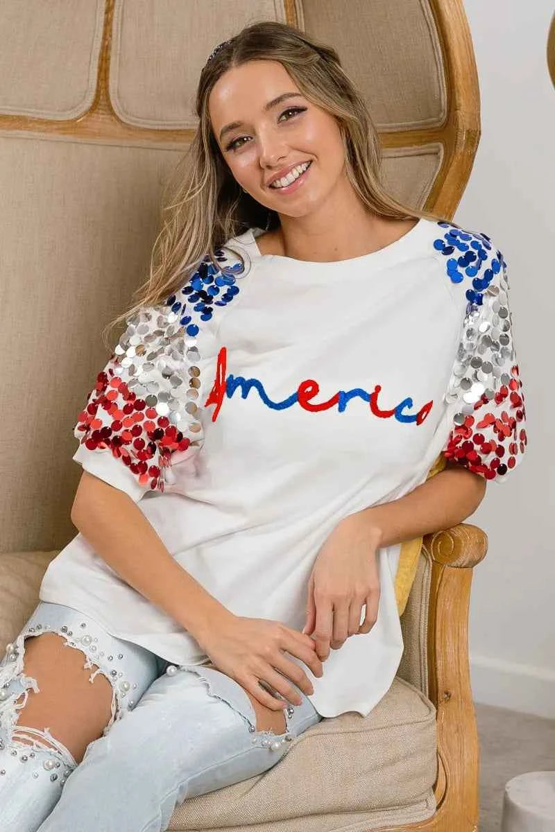 BiBi America Letter Applique Spangle Puff Sleeves Top BiBi America Letter Applique Spangle Puff Sleeves Top