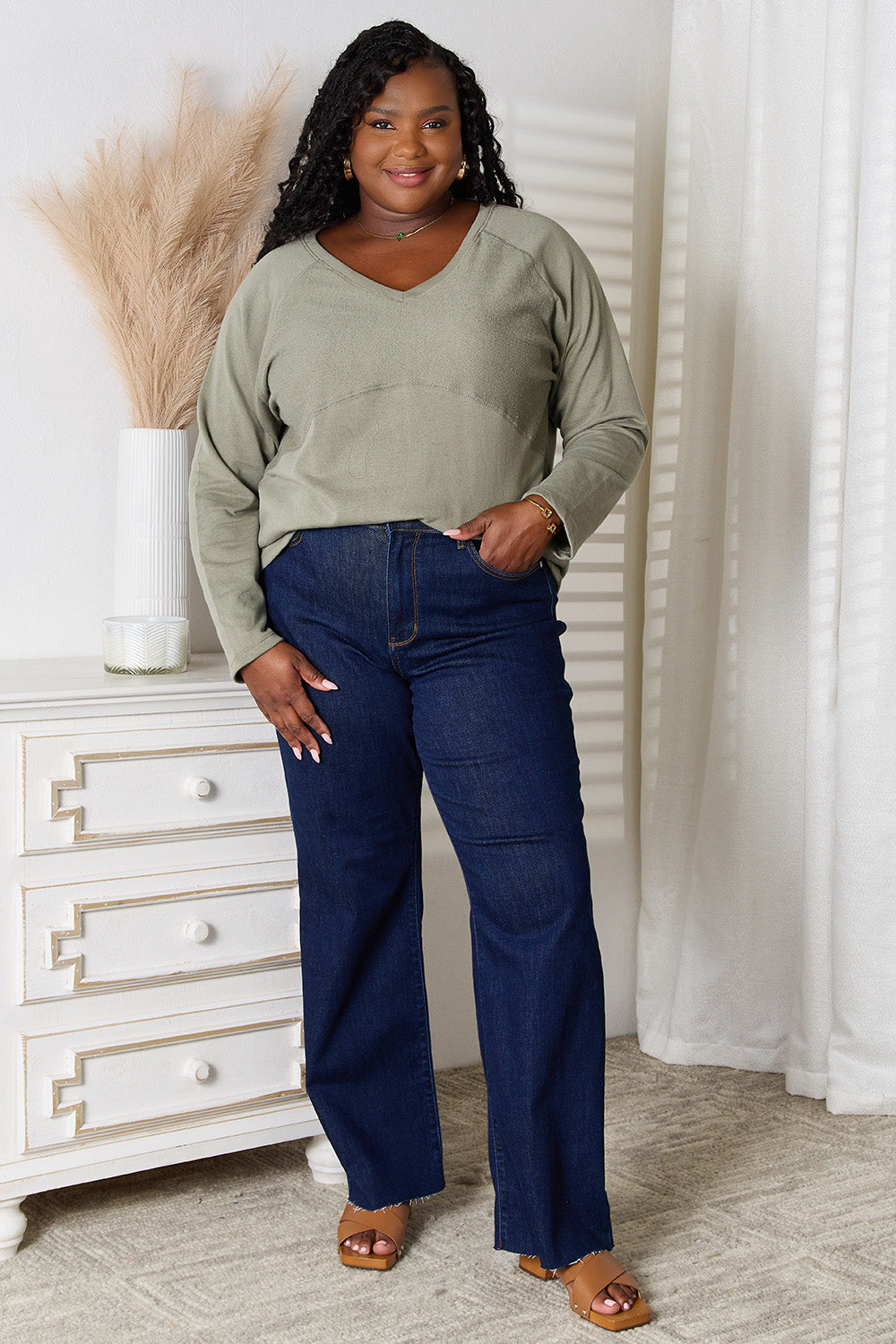 Culture Code Full Size V-Neck Long Sleeve T-Shirt Culture Code Full Size V-Neck Long Sleeve T-Shirt - TopFashionHQ