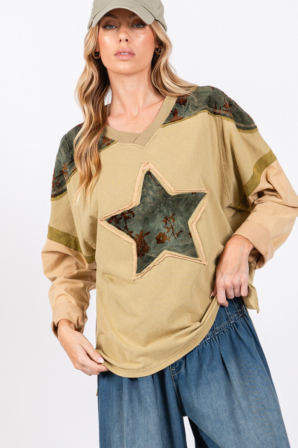 SAGE + FIG Star Patch Long Sleeve Color Block T-Shirt SAGE + FIG Star Patch Long Sleeve Color Block T-Shirt - TopFashionHQ