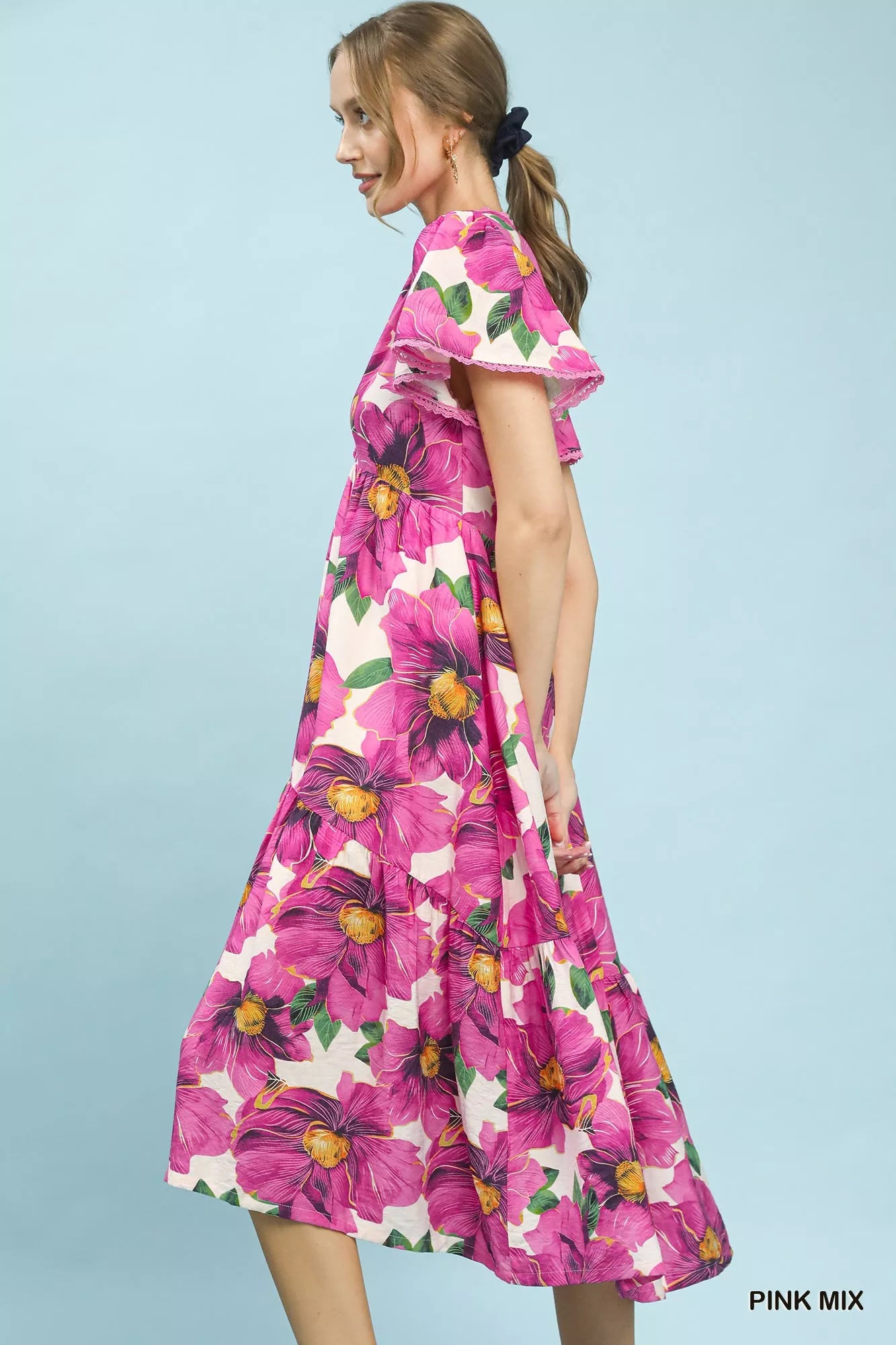 Umgee Tropical Floral V-Neck Flutter Sleeve Tiered Midi Dress 0823e84d-8734-4852-bbf0-36a55aadbe74-Max-Origin