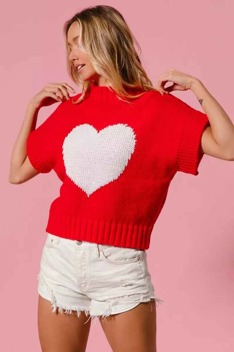 BiBi Rib Banded Heart Pattern Valentines Sweater BiBi Rib Banded Heart Pattern Valentines Sweater