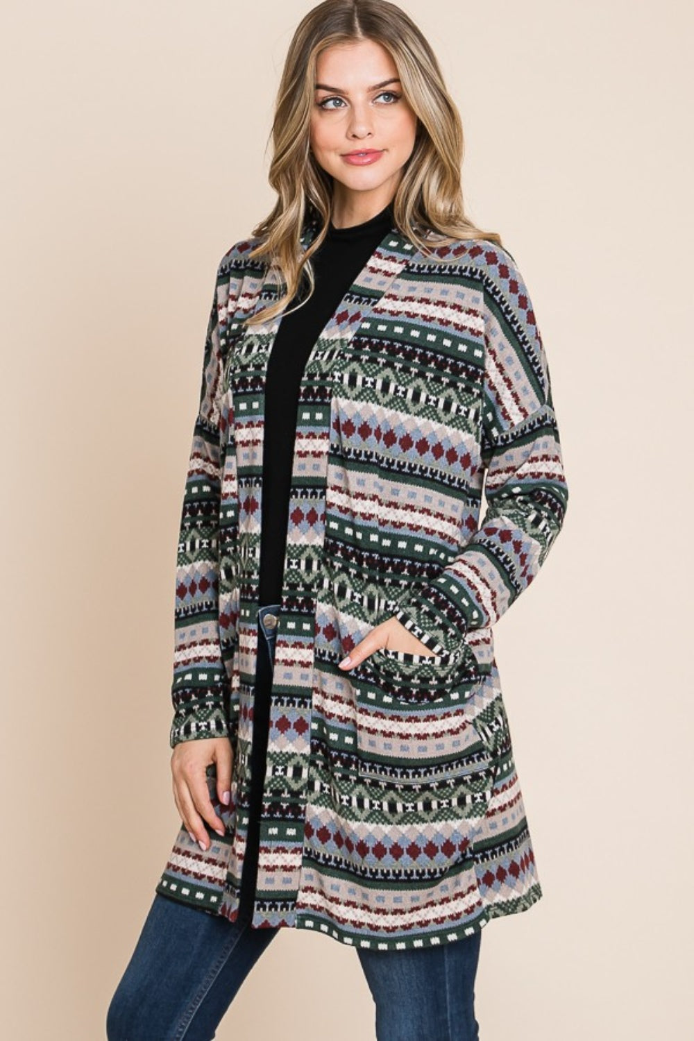 BOMBOM Geometric Open Front Long Sleeve Cardigan with Pockets BOMBOM Geometric Open Front Long Sleeve Cardigan with Pockets - TopFashionHQ