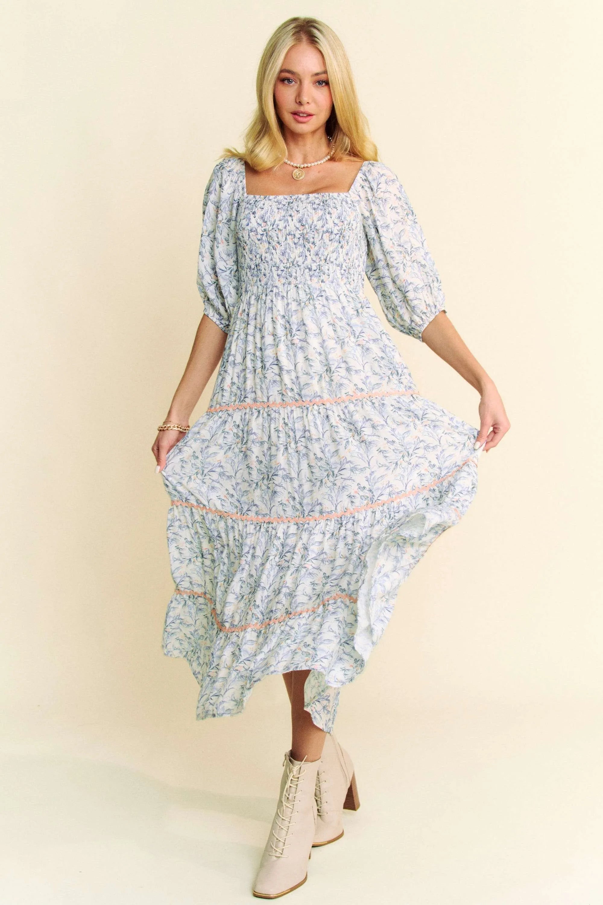 Davi & Dani Contrast Ric Smocking Bodice Tiered Midi Dress 085d712e6603469999063382b2dc280f-Max-Origin