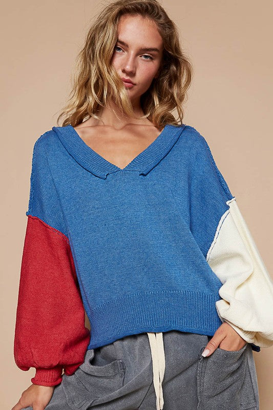 POL Exposed Seam Contrast V-Neck Lantern Sleeve Sweater POL Exposed Seam Contrast V-Neck Lantern Sleeve Sweater - TopFashionHQ