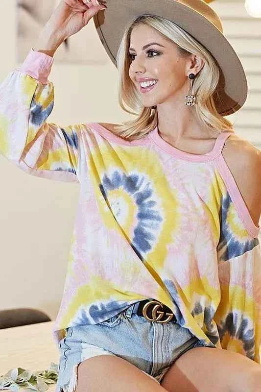 BiBi Tie Dye Print Terry Top with Cold Shoulder Detail BiBi Tie Dye Print Terry Top with Cold Shoulder Detail